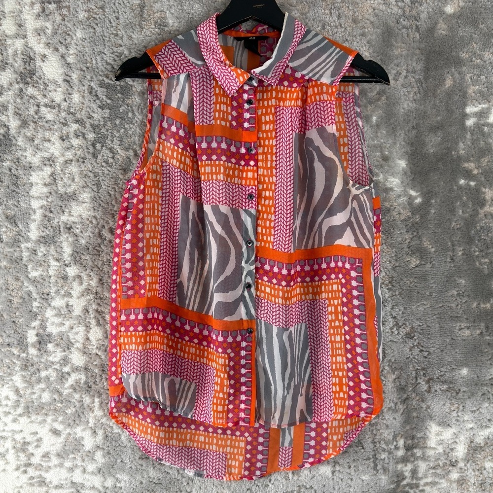 H&M Size 4 Zebra Geometric Abstract Print Casual Button‎ Top Collar Sleeveless